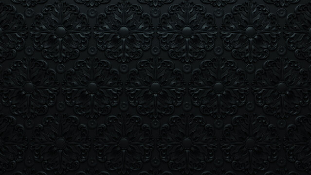 Black 3D Rococo Pattern Background. Elegant Dark Ornate Wallpaper.
