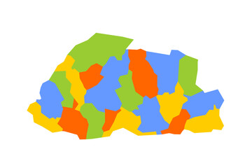 Bhutan political map of administrative divisions - districts. Blank colorful vector map.