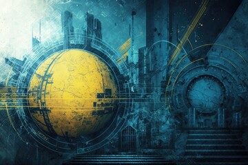 Abstract grunge background with circle, yellow and blue. Generative ai.