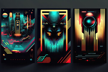 Set of neon retro futuristic posters. Generative ai.