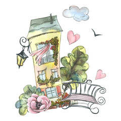 Cute, yellow house, European with a bench, a lantern, anemone flowers, trees, clouds and hearts. Watercolor illustration. Composition from the PARIS collection. For the design and decoration