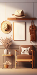 Stylish korean interior of living room with brown mock up poster frame, elegant accessories, flowers, wooden shelf and hanging rattan bags and hat. Minimalistic concept of home decor. Template