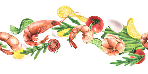 Boiled shrimp with lemon, tomatoes, eggs and arugula levitating. Watercolor illustration. Seamless banner from the SHRIMP collection. For the design and design of menus, recipes, packaging, cafes.