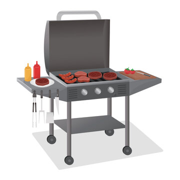 BBQ griddle cooking station with hard cover vector illustration on white background.Grill steak, sausage, meat, bbq tools, ketchup, mustard, wooden cutting board with tomatoes and knife for bbq party.