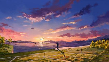 This illustration depicts a beautiful country couple on a romantic walk along the riverbank. A silhouette of their embrace against the setting sun is the perfect highlight for this romantic Valentine