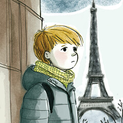 Comic illustration of a serious boy in Paris, France