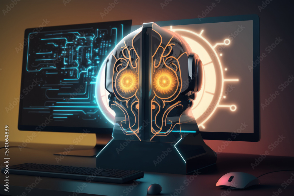 Aufkleber innovative ai symbol concept with a contemporary desktop and computer in the background. two exposur