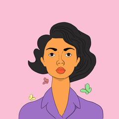 Ilustración de mujer con mariposas. Motivo del día de la mujer, 8 de marzo. Mujer empoderada