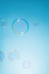 Soap Bubbles on A Blue Natural Background. Soap Sud Bubbles Water. Bubbles background