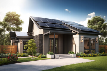 Fototapeta na wymiar Newly construced home with solar panels on roof. generative ai