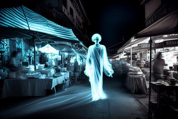 luminous ghost and people shopping at night market fair, blur background with bokeh