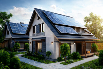 Obraz premium Newly construced home with solar panels on roof. generative ai