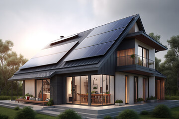 Newly construced home with solar panels on roof. generative ai