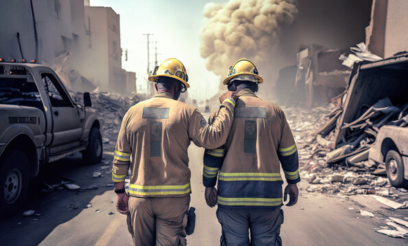 Unrecognizable firefighter comforting to tired and sad partner in front of collapsed buildings and vehicles crushed by earthquake in a city. Disaster and emergency help concept. Generative AI.