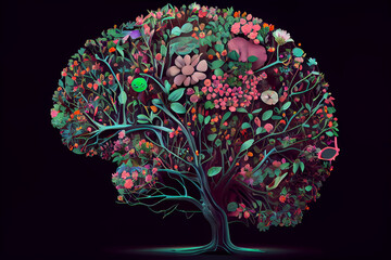 Tree of Plants and Flowers in shape of a brain. Mental health concept. generative ai