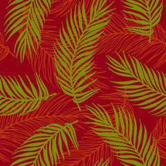 Naklejka na ściany i meble Repeat jungle palm leaves vector pattern. Floral design over waves texture