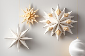 Stylish paper christmas stars hanging on white wall background. Modern festive decoration in boho room, space for text. made paper swedish stars. Atmospheric christmas decoration. Generative AI