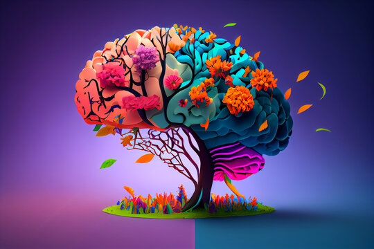 Tree of Plants and Flowers in shape of a brain. Mental health concept. generative ai