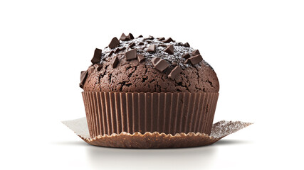 Chocolate muffin cake with melted chocolate on top isolated white background dessert food