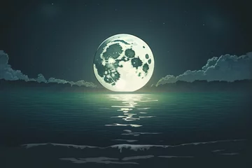 Foto auf Acrylglas Vollmond und Bäume Nighttime full moon rising over an empty ocean with copy space. Generative AI