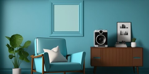 Modern living room interior composition with fluffy armchair, wooden commode, mock up poster frame, vinyl recorder and modern home accessories. Blue wall. Template. Copy space. Generative AI
