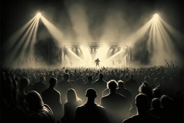 Illustration of crowd looking towards a stage at a rock concert