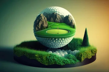 Foto op Plexiglas Illustration of a golf ball in 3d style. Futuristic sports concept. AI generation © yuliachupina