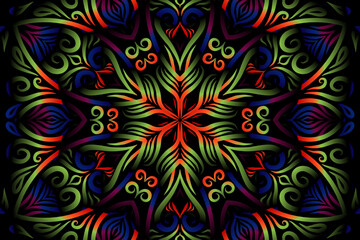 Fototapeta na wymiar Beautiful caleidoscope symmetrical colourful gradient flowers line art of traditional abstract symbol batik dayak ornament design template elements 