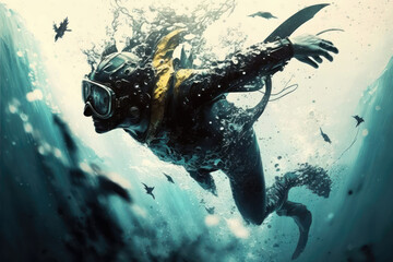 Illustration of a diver in art style. Futuristic sports concept. AI generation