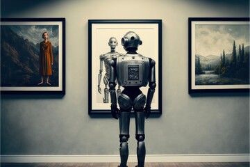 Robot in and art gallery looking at pictures of robots