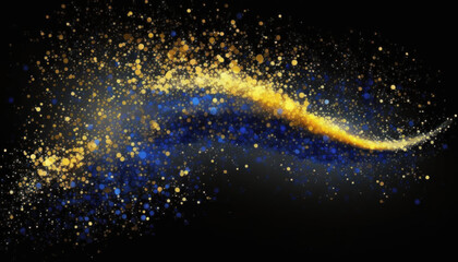 Blue and golden sparkling dust particles solid black background. Generative AI.	