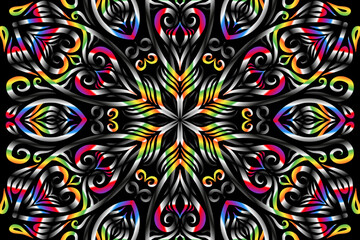 Beautiful caleidoscope symmetrical colourful gradient flowers line art of traditional abstract symbol batik dayak ornament design template elements
