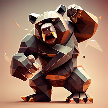 Angry bear portrait. Modern cubist painting.