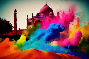 Fototapeta premium Celebration of Holi festival of colors in Nepal or India. Temples in traditional Gulal color paint powder for Holi.