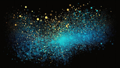 Blue and golden sparkling particles solid black background. Generative AI.	