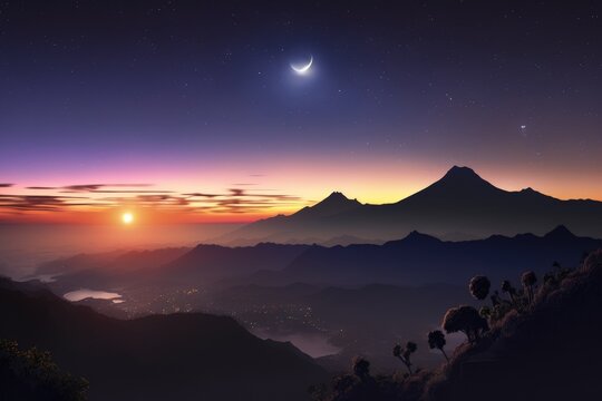 This photo was captured on Bali (Indonesia) just before the sunrise from the peak of Mt. Batur (1,717 m) with a view of Abang (2,151 m). To the left from it is a dazzling Venus. Generative AI