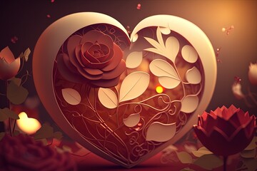 A concept of Valentine's Day celebration wallpaper. A 3d heart with roses and romantic decoration. Generative ai