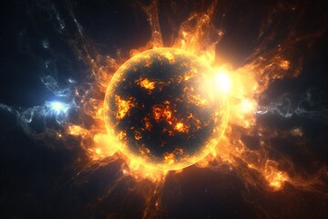 Obraz premium Sun with powerful bursting flares with magnetic storms and plasma flashes. Generative AI.