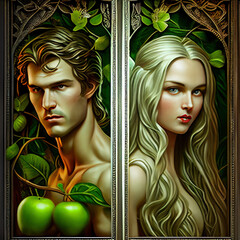 man, woman and the forbidden apple, Adam & Eve concept, artists conceptualization, ai generated - obrazy, fototapety, plakaty