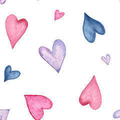 Seamless watercolor pattern with hearts. Hand-drawn illustration on a white background. Romantic holiday design for packaging, wrapping paper, wallpaper, print.