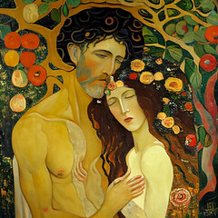 man, woman and the forbidden apple, Adam & Eve concept, artists conceptualization, ai generated - obrazy, fototapety, plakaty