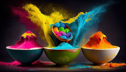 Holi Gulal color powder. Organic traditional Indian colors in flying levitation bowls for Holi festival of colors. Hindu tradition festive. 