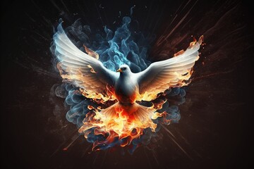 Pentecost background with flying dove and fire. Generative AI.