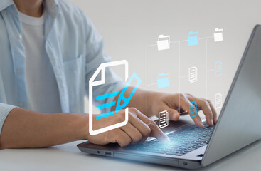 Document Management System. Businessman using laptop access files document on virtual screen, online documentation database and digital file storage system, records keeping, file access, doc sharing.