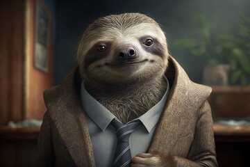 Portrait of sloth in a business suit. Generative AI.