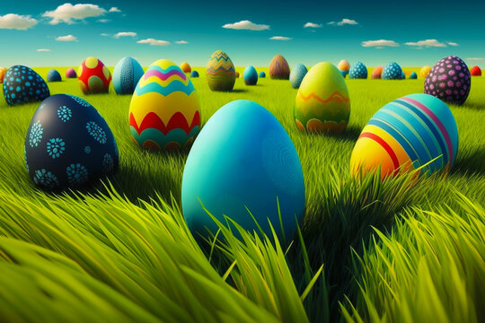 Large coulorful patterned Easter eggs scattered across a grass field on a beautiful spring day, Easter background image, generative AI illustration