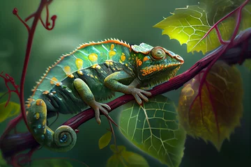 Foto op Canvas Close-up Photo of Colorful Chameleon on a Tree Branch.  genrative ai © iamfrk7
