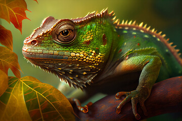 Close-up Photo of Colorful Chameleon on a Tree Branch.  genrative ai