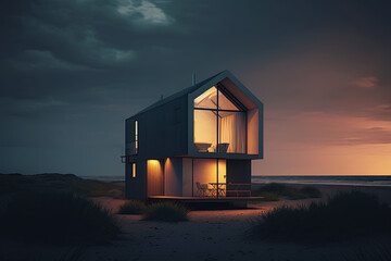 Small luxury modern beach house. Beach house. generative ai. Modern scandinavian architecture. Minimalistic villa by the sea - obrazy, fototapety, plakaty