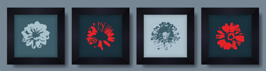 Set of flower posters. Posters with black frames.